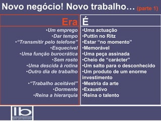 Novo negócio! Novo trabalho… (parte 1)
                       Era É
                •Um emprego   •Uma actuação
                   •Dar tempo •Puttin no Ritz
   •“Transmitir pelo telefone”•Estar “no momento”
                  •Esquecível •Memorável
     •Uma função burocrática  •Uma peça assinada
                   •Sem rosto •Cheio de “carácter”
        •Uma descida à rotina •Um salto para o desconhecido
        •Outro dia de trabalho•Um produto de um enorme
                              investimento
        •“Trabalho aceitável” •Mestria da arte
                  •Dormente •Exaustivo
          •Reina a hierarquia •Reina o talento
 