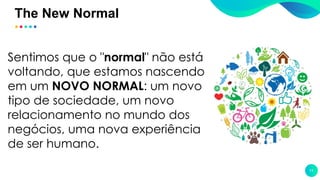 The New Normal
11
Sentimos que o "normal" não está
voltando, que estamos nascendo
em um NOVO NORMAL: um novo
tipo de sociedade, um novo
relacionamento no mundo dos
negócios, uma nova experiência
de ser humano.
 