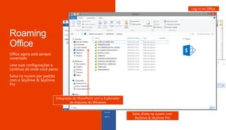 A lista de documentos recentes
agora vai junto com você
Retome o trabalho
de onde parou
Salve direto na nuvem com
SkyDrive & SkyDrive Pro
Log-in no Office
Integração do SharePoint com o Explorador
de Arquivos do Windows
 