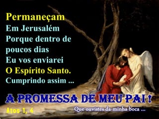Permaneçam
Em Jerusalém
Porque dentro de
poucos dias
Eu vos enviarei
O Espírito Santo.
Cumprindo assim ...
Atos 1, 4
 