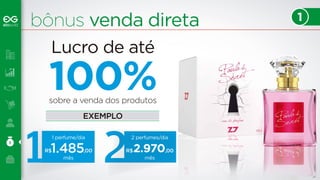 bônus venda direta 
Lucro de até 
sobre a venda dos produtos 
1 perfume/dia 
R$1.485,00 
mês 
2 perfumes/dia 
R$2.970,00 
mês 
1 
EXEMPLO 
1 
 
