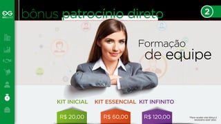 bônus patrocínio direto 
2 
Formação 
de equipe 
R$ 20,00 R$ 60,00 R$ 120,00 
*Para receber este bônus é 
necessário estar ativo 
 