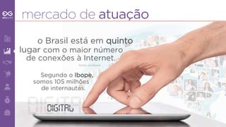 mercado de atuação 
o Brasil está em quinto 
lugar com o maior número 
de conexões à Internet. 
Fonte: comScore 
Segundo o Ibope, 
somos 105 milhões 
de internautas. 
digdigiittalal 
 