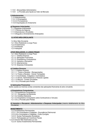 1.1.5.8 Almoxarifado Administrativo
  1.1.5.9 (-) Provisão para Ajuste ao Valor de Mercado

  f) Adiantamentos
   1.1.6 Adiantamentos
   1.1.6.1 A Empregados
   1.1.6.3 A Fornecedores
   1.1.6.5 Importações em Andamento

  g) Despesas Antecipadas
  1.1.7Despesas Antecipadas
  1.1.7.1 Prêmios de Seguros
  1.1.7.2 Assinaturas e Anuidades
  1.1.7.3 Aluguéis e Arrendamentos Antecipados

  1.2 ATIVO NÃO-CIRCULANTE

  1.2 Ativo Não-Circulante
  1.2.1 Ativo Realizável a Longo Prazo
  1.2.2 Investimentos
  1.2.3 Imobilizado
  1.2.4 Intangível

  ATIVO REALIZÁVEL A LONGO PRAZO
  1.2.1 Ativo Realizável a Longo Prazo
  1.2.1.1 Créditos Diversos
  1.2.1.2 Aplicações Financeiras
  1.2.1.3 Empréstimos Compulsórios
  1.2.1.4 Impostos a Recuperar
  1.2.1.5 Adiantamentos
  1.2.1.6 Despesas Antecipadas

  a) Créditos Diversos
   1.2.1.1 Créditos Diversos
   1.2.1.1.1 Títulos a Receber - Renegociações
   1.2.1.1.2 Títulos a Receber - Outras Transações
   1.2.1.1.3 Controladas, Coligadas e Controladora
   1.2.1.1.4 Sócios, Administradores e Pessoas Ligadas
   1.2.1.1.5 Bancos - Contas Vinculadas
   1.2.1.1.9 (-) Provisão para Perdas

  b) Aplicações Financeiras
Serão usadas as mesmas contas constantes das aplicações financeiras do ativo circulante.

  c) Empréstimos Compulsórios
   1.2.1.3 Empréstimos Compulsórios
   1.2.1.3.1 Obrigações da Eletrobrás
   1.2.1.3.2 Créditos Eletrobrás
   1.2.1.3.3 Empréstimo Compulsório sobre Combustíveis e Veículos
   1.2.1.3.9 (-) Provisão para Perdas

  d) Impostos a Recuperar, Adiantamentos e Despesas Antecipadas (mesmo detalhamento do Ativo
  Circulante)

  INVESTIMENTO
   1.2.2 Investimentos Permanentes
   1.2.2.1 Em Controladas e Coligadas - Equivalência Patrimonial
   1.2.2.2 Em Controladas e Coligadas - Custo Corrigido
   1.2.2.3 Outras Participações Societárias
   1.2.2.4 Participações por Incentivos Fiscais
1.2.2.5 Imóveis Não Destinados ao Uso
   1.2.2.9 Outros Investimentos Permanentes
 