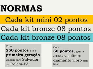 Com
50 pontos, ganha
colchão de solteiro
diamante vibro sem
base
NORMAS
Com
250 pontos até a
primeira geração
viagem para Salvador
ou Belém-PA
Cada kit mini 02 pontos
Cada kit bronze 08 pontos
Cada kit bronze 08 pontos
 
