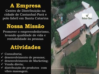  Consultoria;
 desenvolvimento de pessoas;
 desenvolvimento de Marketing;
 Venda direta;
 distribuição de produtos com
vibro massagem.
Centro de Distribuição na
cidade de Castanhal-Pará e
polo fabril em Santa Catarina
Promover o empreendedorismo,
levando qualidade de vida e
rentabilidade às pessoas
 