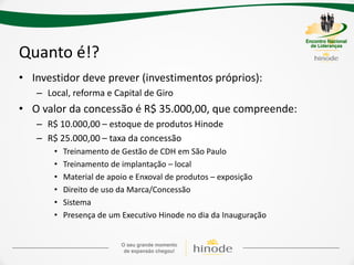 Quanto é!?
• Investidor deve prever (investimentos próprios):
   – Local, reforma e Capital de Giro
• O valor da concessão é R$ 35.000,00, que compreende:
   – R$ 10.000,00 – estoque de produtos Hinode
   – R$ 25.000,00 – taxa da concessão
       •   Treinamento de Gestão de CDH em São Paulo
       •   Treinamento de implantação – local
       •   Material de apoio e Enxoval de produtos – exposição
       •   Direito de uso da Marca/Concessão
       •   Sistema
       •   Presença de um Executivo Hinode no dia da Inauguração
 