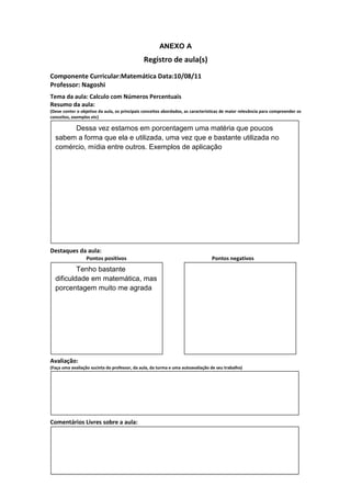 ANEXO A
                                               Registro de aula(s)
Componente Curricular:Matemática Data:10/08/11
Professor: Nagoshi
Tema da aula: Calculo com Números Percentuais
Resumo da aula:
(Deve conter o objetivo da aula, os principais conceitos abordados, as características de maior relevância para compreender os
conceitos, exemplos etc)

       Dessa vez estamos em porcentagem uma matéria que poucos
  sabem a forma que ela e utilizada, uma vez que e bastante utilizada no
  comércio, mídia entre outros. Exemplos de aplicação




Destaques da aula:
                  Pontos positivos                                               Pontos negativos
          Tenho bastante
  dificuldade em matemática, mas
  porcentagem muito me agrada




Avaliação:
(Faça uma avaliação sucinta do professor, da aula, da turma e uma autoavaliação de seu trabalho)




Comentários Livres sobre a aula:
 