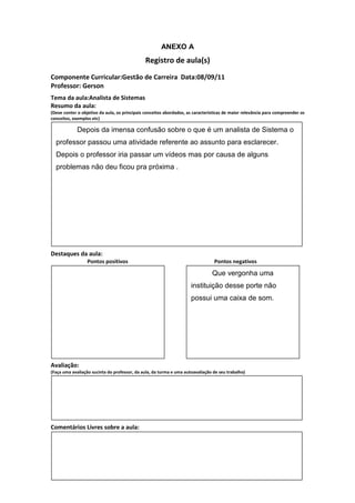 ANEXO A
                                               Registro de aula(s)
Componente Curricular:Gestão de Carreira Data:08/09/11
Professor: Gerson
Tema da aula:Analista de Sistemas
Resumo da aula:
(Deve conter o objetivo da aula, os principais conceitos abordados, as características de maior relevância para compreender os
conceitos, exemplos etc)

             Depois da imensa confusão sobre o que é um analista de Sistema o
  professor passou uma atividade referente ao assunto para esclarecer.
  Depois o professor iria passar um vídeos mas por causa de alguns
  problemas não deu ficou pra próxima .




Destaques da aula:
                  Pontos positivos                                               Pontos negativos

                                                                                Que vergonha uma
                                                                     instituição desse porte não
                                                                     possui uma caixa de som.




Avaliação:
(Faça uma avaliação sucinta do professor, da aula, da turma e uma autoavaliação de seu trabalho)




Comentários Livres sobre a aula:
 
