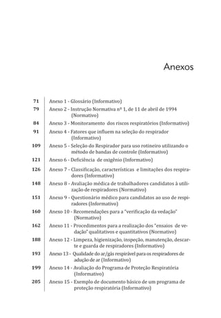 71 Anexo 1 - Glossário (Informativo)
79 Anexo 2 - Instrução Normativa nº 1, de 11 de abril de 1994
(Normativo)
84 Anexo 3 - Monitoramento dos riscos respiratórios (Informativo)
91 Anexo 4 - Fatores que influem na seleção do respirador
(Informativo)
109 Anexo 5 - Seleção do Respirador para uso rotineiro utilizando o
método de bandas de controle (Informativo)
121 Anexo 6 - Deficiência de oxigênio (Informativo)
126 Anexo 7 - Classificação, características e limitações dos respira-
dores (Informativo)
148 Anexo 8 - Avaliação médica de trabalhadores candidatos à utili-
zação de respiradores (Normativo)
151 Anexo 9 - Questionário médico para candidatos ao uso de respi-
radores (Informativo)
160 Anexo 10 - Recomendações para a “verificação da vedação”
(Normativo)
162 Anexo 11 - Procedimentos para a realização dos “ensaios de ve-
dação” qualitativos e quantitativos (Normativo)
188 Anexo 12 - Limpeza, higienização, inspeção, manutenção, descar-
te e guarda de respiradores (Informativo)
193 Anexo 13 - Qualidade do ar/gás respirável para os respiradores de
adução de ar (Informativo)
199 Anexo 14 - Avaliação do Programa de Proteção Respiratória
(Informativo)
205 Anexo 15 - Exemplo de documento básico de um programa de
proteção respiratória (Informativo)
Anexos
PPR_1000.indd 9 23/08/2016 12:16:11
 