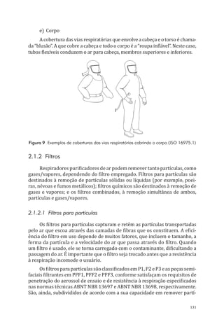 131
e)	Corpo
A cobertura das vias respiratórias que envolve a cabeça e o torso é chama-
da “blusão”. A que cobre a cabeça e todo o corpo é a “roupa inflável”. Neste caso,
tubos flexíveis conduzem o ar para cabeça, membros superiores e inferiores.
Figura 9 Exemplos de coberturas das vias respiratórias cobrindo o corpo (ISO 16975.1)
2.1.2 Filtros
Respiradores purificadores de ar podem remover tanto partículas, como
gases/vapores, dependendo do filtro empregado. Filtros para partículas são
destinados à remoção de partículas sólidas ou líquidas (por exemplo, poei-
ras, névoas e fumos metálicos); filtros químicos são destinados à remoção de
gases e vapores; e os filtros combinados, à remoção simultânea de ambos,
partículas e gases/vapores.
2.1.2.1 Filtros para partículas
Os filtros para partículas capturam e retêm as partículas transportadas
pelo ar que escoa através das camadas de fibras que os constituem. A efici-
ência do filtro em uso depende de muitos fatores, que incluem o tamanho, a
forma da partícula e a velocidade do ar que passa através do filtro. Quando
um filtro é usado, ele se torna carregado com o contaminante, dificultando a
passagem do ar. É importante que o filtro seja trocado antes que a resistência
à respiração incomode o usuário.
OsfiltrosparapartículassãoclassificadosemP1,P2eP3easpeçassemi-
faciais filtrantes em PFF1, PFF2 e PFF3, conforme satisfaçam os requisitos de
penetração do aerossol de ensaio e de resistência à respiração especificados
nas normas técnicas ABNT NBR 13697 e ABNT NBR 13698, respectivamente.
São, ainda, subdivididos de acordo com a sua capacidade em remover partí-
PPR_1000.indd 131 23/08/2016 12:16:20
 