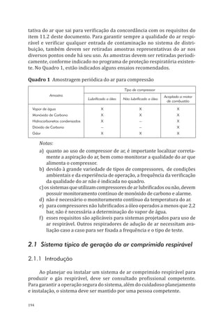 194
tativa do ar que sai para verificação da concordância com os requisitos do
item 11.2 deste documento. Para garantir sempre a qualidade do ar respi-
rável e verificar qualquer entrada de contaminação no sistema de distri-
buição, também devem ser retiradas amostras representativas do ar nos
diversos pontos onde há seu uso. As amostras devem ser retiradas periodi-
camente, conforme indicado no programa de proteção respiratória existen-
te. No Quadro 1, estão indicados alguns ensaios recomendados.
Quadro 1 Amostragem periódica do ar para compressão
Amostra
Tipo de compressor
Lubrificado a óleo Não lubrificado a óleo
Acoplado a motor
de combustão
Vapor de água
Monóxido de Carbono
Hidrocarbonetos condensados
Dióxido de Carbono
Odor
X
X
X
--
X
X
X
--
--
X
X
X
X
X
X
Notas:
a)	 quanto ao uso de compressor de ar, é importante localizar correta-
mente a aspiração do ar, bem como monitorar a qualidade do ar que
alimenta o compressor.
b)	 devido à grande variedade de tipos de com­pressores, de condições
ambientais e da experiência de operação, a frequência da verificação
da qualidade do ar não é indicada no quadro.
c)ossistemasqueutilizamcompressoresdearlubrificadosounão,devem
possuir monitoramento contínuo de monóxido de carbono e alarme.
d)	 não é necessário o monitoramento contínuo da temperatura do ar.
e)	 para compressores não lubrificados a óleo operados a menos que 2,2
bar, não é necessária a determinação do vapor de água.
f)	 esses requisitos são aplicáveis para sistemas projetados para uso de
ar respirável. Outros respiradores de adução de ar necessitam ava-
liação caso a caso para ser fixada a frequência e o tipo de teste.
2.1 Sistema típico de geração do ar comprimido respirável
2.1.1 Introdução
Ao planejar ou instalar um sistema de ar comprimido respirável para
produzir o gás respirável, deve ser consultado profissional competente.
Para garantir a operação segura do sistema, além do cuidadoso planejamento
e instalação, o sistema deve ser mantido por uma pessoa competente.
PPR_1000.indd 194 23/08/2016 12:16:22
 