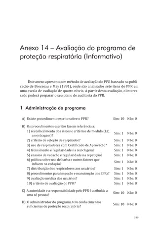 199
Anexo 14 – Avaliação do programa de
proteção respiratória (Informativo)
Este anexo apresenta um método de avaliação do PPR baseado na publi-
cação de Brosseau e May (1991), onde são analisados sete itens do PPR em
uma escala de avaliação de quatro níveis. A partir desta avaliação, o interes-
sado poderá preparar o seu plano de auditoria do PPR.
1 Administração do programa
A) Existe procedimento escrito sobre o PPR?	 Sim: 10 Não: 0
B) Os procedimentos escritos fazem referência a:
1) reconhecimento dos riscos e critérios de medida (LE,
amostragem)?
Sim: 1 Não: 0
2) critério de seleção de respirador? Sim: 1 Não: 0
3) uso de respiradores com Certificado de Aprovação? Sim: 1 Não: 0
4) treinamento e regularidade na reciclagem? Sim: 1 Não: 0
5) ensaios de vedação e regularidade na repetição? Sim: 1 Não: 0
6) política sobre uso de barba e outros fatores que
influem na vedação?
Sim: 1 Não: 0
7) distribuição dos respiradores aos usuários? Sim: 1 Não: 0
8) procedimentos para inspeção e manutenção dos EPRs? Sim: 1 Não: 0
9) avaliação médica dos usuários? Sim: 1 Não: 0
10) critério de avaliação do PPR? Sim: 1 Não: 0
C) A autoridade e a responsabilidade pelo PPR é atribuída a
uma só pessoa?
Sim: 10 Não: 0
D) O administrador do programa tem conhecimentos
suficientes de proteção respiratória?
Sim: 10 Não: 0
PPR_1000.indd 199 23/08/2016 12:16:23
 