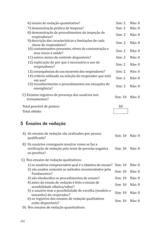 202
6) ensaio de vedação quantitativo? Sim: 2 Não: 0
7) demonstração prática de limpeza? Sim: 2 Não: 0
8) demonstração de procedimentos de inspeção de
respiradores?
Sim: 2 Não: 0
9) descrição das características e limitações de cada
classe de respiradores?
Sim: 2 Não: 0
10) contaminantes presentes, níveis de concentração e
seus riscos à saúde?
Sim: 2 Não: 0
11) outros meios de controle disponíveis? Sim: 2 Não: 0
12) explicação do por que é necessário o uso de
respiradores?
Sim: 2 Não: 0
13) consequências do uso incorreto dos respiradores? Sim: 2 Não: 0
14) critério utilizado na seleção do respirador que está
em uso?
Sim: 2 Não: 0
15) reconhecimento e procedimentos em situações de
emergência?
Sim: 2 Não: 0
C) Existem registros de presença dos usuários nos
treinamentos?
Sim: 10 Não: 0
Total possível de pontos: 60
Total obtido:	
5 Ensaios de vedação
A) Os ensaios de vedação são realizados por pessoa
qualificada?
Sim: 10 Não: 0
B) Os usuários conseguem mostrar como se faz a
verificação de vedação pelo teste de pressão negativa
ou positiva?
Sim: 10 Não: 0
C) Nos ensaios de vedação qualitativos:
1) os usuários compreendem qual é o objetivo do ensaio? Sim: 10 Não: 0
2) são usados somente os métodos recomendados pela
Fundacentro?
Sim: 10 Não: 0
3) são obedecidos os procedimentos de ensaio? Sim: 10 Não: 0
4) antes do ensaio de vedação é feito o ensaio de
sensibilidade olfativa/sabor?
Sim: 10 Não: 0
5) o usuário tem a possibilidade de escolha (modelo e
tamanho) do respirador?
Sim: 10 Não: 0
6) os registros dos ensaios de vedação qualitativos
estão disponíveis?
Sim: 10 Não: 0
D) Nos ensaios de vedação quantitativos:
PPR_1000.indd 202 23/08/2016 12:16:23
 