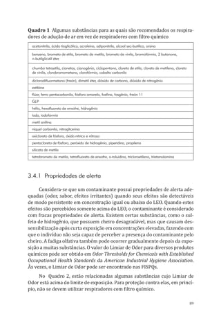 89
Quadro 1 Algumas substâncias para as quais são recomendados os respira-
dores de adução de ar em vez de respiradores com filtro químico
acetonitrila, ácido tioglicólico, acroleína, adiponitrila, alcool sec-butílico, arsina
benzeno, brometo de etila, brometo de metila, brometo de vinila, bromofórmio, 2 butanona,
n-butilglicidil éter
chumbo tetraetila, cianetos, cianogênio, ciclopentano, cloreto de etila, cloreto de metileno, cloreto
de vinila, clorobromometano, clorofórmio, cobalto carbonila
diclorodifluormetano (freón), dimetil éter, dióxido de carbono, dióxido de nitrogênio
estibina
flúor, ferro pentacarbonila, fósforo amarelo, fosfina, fosgênio, freón 11
GLP
hélio, hexafluoreto de enxofre, hidrogênio
iodo, iodofórmio
metil anilina
níquel carbonila, nitroglicerina
oxicloreto de fósforo, óxido nítrico e nitroso
pentacloreto de fósforo, peróxido de hidrogênio, piperidina, propileno
silicato de metila
tetrabrometo de metila, tetrafluoreto de enxofre, o-toluidina, tricloroetileno, trietanolamina
3.4.1 Propriedades de alerta
Considera-se que um contaminante possui propriedades de alerta ade-
quadas (odor, sabor, efeitos irritantes) quando seus efeitos são detectáveis
de modo persistente em concentração igual ou abaixo do LEO. Quando estes
efeitos são percebidos somente acima do LEO, o contaminante é considerado
com fracas propriedades de alerta. Existem certas substâncias, como o sul-
feto de hidrogênio, que possuem cheiro desagradável, mas que causam des-
sensibilização após curta exposição em concentrações elevadas, fazendo com
que o indivíduo não seja capaz de perceber a presença do contaminante pelo
cheiro. A fadiga olfativa também pode ocorrer gradualmente depois da expo-
sição a muitas substâncias. O valor do Limiar de Odor para diversos produtos
químicos pode ser obtido em Odor Thresholds for Chemicals with Established
Occupational Health Standards da American Industrial Hygiene Association.
Às vezes, o Limiar de Odor pode ser encontrado nas FISPQs.
No Quadro 2, estão relacionadas algumas substâncias cujo Limiar de
Odor está acima do limite de exposição. Para proteção contra elas, em princí-
pio, não se devem utilizar respiradores com filtro químico.
PPR_1000.indd 89 23/08/2016 12:16:14
 