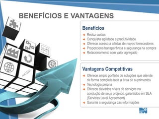 BENEFÍCIOS E VANTAGENS
              Benefícios
              ◄   Reduz custos
              ◄   Conquista agilidade e produtividade
              ◄   Oferece acesso a ofertas de novos fornecedores
              ◄   Proporciona transparência e segurança na compra
              ◄   Relacionamento com valor agregado



              Vantagens Competitivas
              ◄   Oferece amplo portfólio de soluções que atende
                  de forma completa toda a área de suprimentos
              ◄   Tecnologia própria
              ◄   Oferece elevados níveis de serviços na
                  condução de seus projetos, garantidos em SLA
                  (Services Level Agreement)
              ◄   Garante a segurança das informações
 