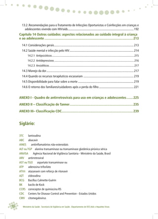 10 Ministério da Saúde . Secretaria de Vigilância em Saúde . Departamento de DST,Aids e Hepatites Virais
13.2.Recomendações para o Tratamento de Infecções Oportunistas e Coinfecções em crianças e
adolescentes vivendo com HIV/aids.....................................................................................192
Capítulo 14 Outros cuidados: aspectos relacionados ao cuidado integral à criança
e ao adolescente ..................................................................................................213
14.1 Considerações gerais.......................................................................................................213
14.2 Saúde mental e infecção pelo HIV...................................................................................214
14.2.1 Antipsicóticos...................................................................................................................215
14.2.2 Antidepressivos................................................................................................................216
14.2.3 Ansiolíticos.......................................................................................................................217
14.3 Manejo da dor.................................................................................................................217
14.4 Quando os recursos terapêuticos escasseiam .................................................................219
14.5 Disponibilidade para falar sobre a morte ........................................................................219
14.6 O retorno dos familiares/cuidadores após a perda do filho.............................................221
ANEXO I - Quadro de antirretrovirais para uso em crianças e adolescentes.......225
ANEXO II – Classificação de Tanner......................................................................235
ANEXO III– Classificação CDC...............................................................................239
Siglário:
3TC lamivudina
ABC abacavir
AINES antiinﬂamatórios não-esteroidais
ALT ou TGP alanina transaminase ou transaminase glutâmica pirúvica sérica
ANVISA Agência Nacional de Vigilância Sanitária - Ministério da Saúde, Brasil
ARV antirretroviral
AST ou TGO aspartato transaminase ou
ATP adenosina trifosfato
ATV/r atazanavir com reforço de ritonavir
AZT zidovudina
BCG Bacillus Calmette-Guérin
BK bacilo de Kock
CCR5 correceptor de quimiocina R5
CDC Centers for Disease Control and Prevention - Estados Unidos
CMV citomegalovirus
 