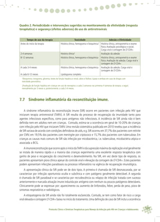 101Protocolo Clínico e Diretrizes Terapêuticas para Manejo da Infecção pelo HIV em Crianças e Adolescentes
Quadro 2. Periodicidade e intervenções sugeridas no monitoramento da efetividade (resposta
terapêutica) e segurança (efeitos adversos) do uso de antirretrovirais
Tempo de uso da terapia Toxicidade Adesão e Efetividade
Antes do início da terapia História clínica, hemograma e bioquímica1
História clínica, antropometria e exame
físico.Avaliação psicológica e social.
Carga viral e contagem de LT-CD4+
2-4 semanas História clínica2
Avaliação da adesão
8-12 semanas História clínica, hemograma e bioquímica História clínica, antropometria e exame
físico.Avaliação da adesão. Carga viral e
contagem de LT-CD4+
A cada 3-4 meses História clínica, hemograma e bioquímica Avaliação da adesão. Carga viral e
contagem de LT-CD4+
A cada 6-12 meses Lipidograma completo
1Bioquímica: ionograma, glicemia, testes de função hepática e renal, cálcio e fósforo. Lipase e amilase em caso de drogas com
toxicidade pancreática.
2Avaliação de função hepática em crianças em uso de nevirapina: a cada 2 semanas nas primeiras 4 semanas de terapia, a seguir,
mensalmente por 3 meses e, posteriormente, a cada 3-4 meses.
7.7 Síndrome inﬂamatória da reconstituição imune.
A síndrome inﬂamatória da reconstituição imune (SIR) ocorre em pacientes com infecção pelo HIV que
iniciaram terapia antiretroviral (TARV). A SIR resulta do processo de recuperação da imunidade tanto para
agentes infecciosos especíﬁcos, como para antígenos não infecciosos. A incidência de SIR ainda não é bem
deﬁnida nem em adultos nem em crianças. Contudo, estima-se a ocorrência em geral de 10-20% de crianças
com infecção pelo HIV que iniciaramTARV. Uma revisão sistemática publicada em 2010 revelou que a incidência
de SIR variava de acordo com condições deﬁnidoras de aids,e.g.SIR ocorreu em 37,7% dos pacientes com retinite
por CMV, em 19,5% dos pacientes com meningite por criptococo e 15,7% dos pacientes com tuberculose. Em
crianças as causas mais comuns de SIR são infecção por micobactérica, i.e. tuberculose, micobactéria atípica e
associada a BCG.
AimunoreconstituiçãoqueocorreapósoiníciodaTARVedasupressãomáximadareplicaçãoviralgeralmente
se instala de maneira rápida e a maioria das crianças experimenta uma excelente resposta terapêutica com
ganho de peso e recuperação do crescimento e desenvolvimento. Na SIR, em vez deste tipo de resposta, os
pacientes apresentam piora clínica apesar do controle viral e elevação da contagem de LT-CD4+. Estes pacientes
podem apresentam infecções paradoxais ou processo inﬂamatório na vigência de recuperação imunológica.
A apresentação clínica da SIR pode ser de dois tipos. A primeira é chamada de SIR desmascarada, por se
caracterizar por infecção oportunista oculta e subclínica e com patógeno geralmente detectável. A segunda
é chamada de SIR paradoxal e se caracteriza por recrudescência ou relapso de infecção tratada com sucesso
anteriormente e marcada ativação imune induzida por antígeno com nenhum ou poucos patógenos detectáveis.
Clinicamente pode se expressar por: aparecimento ou aumento de linfonodos, febre, perda de peso, piora de
sintomas respiratórios e radiológicos.
A etiopatogenia da SIR ainda não foi totalmente esclarecida. Contudo, se tem como fator de risco a carga
viral elevada e contagem LT-CD4+ baixa no início do tratamento.Uma deﬁnição de caso de SIR inclui a ocorrência
 