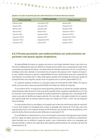 116 Ministério da Saúde . Secretaria de Vigilância em Saúde . Departamento de DST,Aids e Hepatites Virais
Quadro 4. Escala de penetração dos antirretrovirais no Sistema Nervoso Central
1 (baixa penetração)
2 (média penetração)
3 (alta penetração)
Didanosina (ddI)
Tenofovir (TDF)
Nelﬁnavir (NFV)
Ritonavir (RTV)
Saquinavir (SQV)
Saquinavir/r (SQV/r)
Tipranavir/r (TPV/r)
Enfuvirtida (T-20)
Emtricitabina (FTC)
Lamivudina (3TC)
Estavudina (d4T)
Efavirenz (EFZ)
Amprenavir (APV)
Atazanavir (ATV)
Fosamprenavir (FPV)
Indinavir (IDV)
Abacavir (ABC)
Zidovudina (AZT)
Nevirapina (NVP)
Amprenavir/r (APV/r)
Atazanavir/r (ATV/r)
Fosamprenavir/r (FPV/r)
Indinavir/r (IDV/r)
Lopinavir/r (LPV/r)
8.4.3 Viremia persistente com multirresistência aos antirretrovirais em
pacientes com poucas opções terapêuticas
Na impossibilidade de compor um esquema com duas ou mais drogas totalmente ativas, o foco volta a ser
não tanto a indetecção da carga viral, difícil de ser atingida nesse contexto, mas a manutenção da função imune
e prevenção da progressão da doença e de aparecimento de infecções oportunistas. Em tais circunstâncias, a
estratégia muitas vezes utilizada é a manutenção de um esquema não supressor como “esquema de espera”,
ou seja, utilizado enquanto se aguarda a disponibilidade de novos medicamentos ativos para composição do
novo esquema. Essa escolha não é a ideal, sendo apenas aceitável como estratégia de curto prazo, seguida de
acompanhamento mais frequente, visando iniciar um esquema ativo na primeira oportunidade (2 b, C).
Se o paciente apresenta resistência as 3 principais classes de antirretrovirais (ITRN, ITRNN e IP), deve-se
utilizar uma nova classe, sempre que possível (inibidor de entrada e/ou inibidor de integrase).
O uso contínuo de IP/r, na presença de viremia persistente, pode levar ao acúmulo de mutações adicionais,
comprometendo a ação de novos IP/r. Este acúmulo de mutações é lento e gradativo, especialmente se a CV não
for muito alta. Como a presença de mutações de resistência pode limitar a replicação viral, a manutenção do IP/r
nesses casos pode ser benéﬁca para alguns pacientes. Por outro lado, a interrupção completa de um esquema
não supressor pode levar ao aumento súbito da carga viral, redução do LT-CD4+ e maior risco de progressão
clínica da doença.
Em casos de piora clínica ou imunológica,em situações como as descritas anteriormente,pode ser necessário
o uso de novas drogas em investigação para crianças, já aprovadas para maiores de 16-18 anos, como uma
segunda droga ativa no novo esquema. Quando isso for necessário, seu uso deve ser feito, de preferência, como
parte de estudos clínicos que possam gerar dados para sua aprovação (5, D).
O uso off-label de um medicamento é o uso em uma indicação ou faixa etária não registrada no país.Quando
esta for a opção do médico prescritor, é de extrema importância que os riscos e benefícios do medicamento
sejam discutidos com os familiares e equipe de saúde e, caso o medicamento venha a ser empregado, que
seja documentada a anuência dos responsáveis pelo paciente, preferencialmente com assinatura de termo de
consentimento (5, D).
 