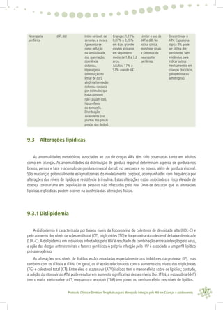 127Protocolo Clínico e Diretrizes Terapêuticas para Manejo da Infecção pelo HIV em Crianças e Adolescentes
Neuropatia
periférica
d4T, ddI Início variável, de
semanas a meses.
Apresenta-se
como redução
da sensibilidade,
dor, queimação,
dormência
dolorosa.
Hiperalgesia
(diminuição do
limiar de dor),
alodínia (sensação
dolorosa causada
por estímulos que
habitualmente
não causam dor),
hiporreﬂexia
do tornozelo.
Distribuição
ascendente (das
plantas dos pés às
pontas dos dedos).
Crianças: 1,13%.
0,07% a 0,26%
em duas grandes
coortes africanas,
em seguimento
médio de 1,8 a 3,2
anos.
Adultos: 17% a
57% usando d4T.
Limitar o uso de
d4T e ddI. Na
rotina clínica,
monitorar sinais
e sintomas de
neuropatia
periférica.
Descontinuar o
ARV. Capsaicina
tópica 8% pode
ser útil na dor
persistente. Sem
evidências para
indicar outros
medicamentos em
crianças (tricíclicos,
gabapentina ou
lamotrigina).
9.3 Alterações lipídicas
As anormalidades metabólicas associadas ao uso de drogas ARV têm sido observadas tanto em adultos
como em crianças. As anormalidades da distribuição de gordura regional determinam a perda de gordura nos
braços, pernas e face e acúmulo de gordura cervical dorsal, no pescoço e no tronco, além de gordura visceral.
São mudanças potencialmente estigmatizantes do modelamento corporal, acompanhadas com frequência por
alterações dos níveis de lipídios e resistência à insulina. Estas alterações estão associadas a risco elevado de
doença coronariana em população de pessoas não infectadas pelo HIV. Deve-se destacar que as alterações
lipídicas e glicídicas podem ocorrer na ausência das alterações físicas.
9.3.1 Dislipidemia
A dislipidemia é caracterizada por baixos níveis da lipoproteína do colesterol de densidade alta (HDL-C) e
pelo aumento dos níveis de colesterol total (CT),triglicérides (TG) e lipoproteína do colesterol de baixa densidade
(LDL-C).A dislipidemia em indivíduos infectados pelo HIV é resultado da combinação entre a infecção pelo vírus,
a ação das drogas antirretrovirais e fatores genéticos.A própria infecção pelo HIV é associada a um perﬁl lipídico
pró-aterogênico.
As alterações nos níveis de lipídios estão associadas especialmente aos inibidores da protease (IP), mas
também com os ITRNN e ITRN. Em geral, os IP estão relacionados com o aumento dos níveis das triglicérides
(TG) e colesterol total (CT). Entre eles, o atazanavir (ATV) isolado tem o menor efeito sobre os lipídios; contudo,
a adição do ritonavir ao ATV pode resultar em aumento signiﬁcativo desses níveis. Dos ITRN, a estavudina (d4T)
tem o maior efeito sobre o CT, enquanto o tenofovir (TDF) tem pouco ou nenhum efeito nos níveis de lipídios.
 