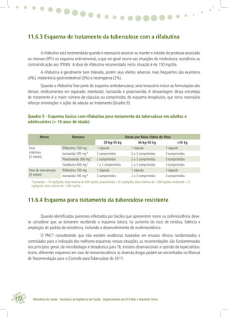 172 Ministério da Saúde . Secretaria de Vigilância em Saúde . Departamento de DST,Aids e Hepatites Virais
11.6.3 Esquema de tratamento da tuberculose com a rifabutina
A rifabutina está recomendada quando é necessário associar ou manter o inibidor de protease associado
ao ritonavir (IP/r) no esquema antirretroviral, o que em geral ocorre nas situações de intolerância, resistência ou
contraindicação aos ITRNN. A dose de rifabutina recomendada nesta situação é de 150 mg/dia.
A rifabutina é geralmente bem tolerada, porém seus efeitos adversos mais frequentes são exantema
(4%), intolerância gastrointestinal (3%) e neutropenia (2%).
Quando a rifabutina ﬁzer parte do esquema antituberculose, será necessário incluir as formulações dos
demais medicamentos em separado: etambutol, isoniazida e pirazinamida. A desvantagem dessa estratégia
de tratamento é o maior número de cápsulas ou comprimidos do esquema terapêutico, que torna necessário
reforçar orientações e ações de adesão ao tratamento (Quadro 9).
Quadro 9 - Esquema básico com rifabutina para tratamento da tuberculose em adultos e
adolescentes (> 10 anos de idade):
Meses Fármaco Doses por Faixa Etária de Peso
20 kg-35 kg 36 kg-50 kg >50 kg
Fase
intensiva
(2 meses)
Rifabutina 150 mg 1 cápsula 1 cápsula 1 cápsula
Isoniazida 100 mg* 2 comprimidos 2 a 3 comprimidos 3 comprimidos
Pirazinamida 500 mg* 2 comprimidos 2 a 3 comprimidos 3 comprimidos
Etambutol 400 mg* 1 a 2 comprimidos 2 a 3 comprimidos 3 comprimidos
Fase de manutenção
(4 meses)
Rifabutina 150 mg 1 cápsula 1 cápsula 1 cápsula
Isoniazida 100 mg* 2 comprimidos 2 a 3 comprimidos 3 comprimidos
*Isoniazida – 10 mg/kg/dia, dose máxima de 300 mg/dia; pirazinamida – 35 mg/kg/dia, dose máxima de 1.500 mg/dia; etambutol – 25
mg/kg/dia, dose máxima de 1.200 mg/dia.
11.6.4 Esquema para tratamento da tuberculose resistente
Quando identiﬁcados pacientes infectados por bacilos que apresentem mono ou polirresistência deve-
se considerar que, se estiverem recebendo o esquema básico, há aumento do risco de recidiva, falência e
ampliação do padrão de resistência, incluindo o desenvolvimento de multirresistência.
O PNCT considerando que não existem evidências baseadas em ensaios clínicos randomizados e
controlados para a indicação dos melhores esquemas nessas situações, as recomendações são fundamentadas
nos princípios gerais da microbiologia e terapêutica para TB, estudos observacionais e opinião de especialistas.
Assim, diferentes esquemas em caso de monorresistência às diversas drogas podem ser encontrados no Manual
de Recomendação para o Controle para Tuberculose de 2011.
 