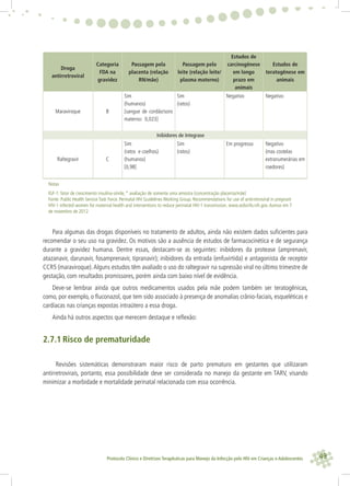 49Protocolo Clínico e Diretrizes Terapêuticas para Manejo da Infecção pelo HIV em Crianças e Adolescentes
Droga
antirretroviral
Categoria
FDA na
gravidez
Passagem pela
placenta (relação
RN/mãe)
Passagem pelo
leite (relação leite/
plasma materno)
Estudos de
carcinogênese
em longo
prazo em
animais
Estudos de
teratogênese em
animais
Maraviroque B
Sim
(humanos)
[sangue de cordão/soro
materno: 0,023]
Sim
(ratos)
Negativo Negativo
Inibidores de Integrase
Raltegravir C
Sim
(ratos e coelhos)
(humanos)
[0,98]
Sim
(ratos)
Em progresso Negativo
(mas costelas
extranumerárias em
roedores)
Notas
IGF-1: fator de crescimento insulina-símile, * avaliação de somente uma amostra (concentração placenta/mãe)
Fonte: Public Health Service Task Force. Perinatal HIV Guidelines Working Group. Recommendations for use of antirretroviral in pregnant
HIV-1 infected women for maternal health and interventions to reduce perinatal HIV-1 transmission. www.aidsinfo.nih.gov.Acesso em 7
de novembro de 2012
Para algumas das drogas disponíveis no tratamento de adultos, ainda não existem dados suﬁcientes para
recomendar o seu uso na gravidez. Os motivos são a ausência de estudos de farmacocinética e de segurança
durante a gravidez humana. Dentre essas, destacam-se as seguintes: inibidores da protease (amprenavir,
atazanavir, darunavir, fosamprenavir, tipranavir); inibidores da entrada (enfuvirtida) e antagonista de receptor
CCR5 (maraviroque).Alguns estudos têm avaliado o uso do raltegravir na supressão viral no último trimestre de
gestação, com resultados promissores, porém ainda com baixo nível de evidência.
Deve-se lembrar ainda que outros medicamentos usados pela mãe podem também ser teratogênicas,
como, por exemplo, o ﬂuconazol, que tem sido associado à presença de anomalias crânio-faciais, esqueléticas e
cardíacas nas crianças expostas intraútero a essa droga.
Ainda há outros aspectos que merecem destaque e reﬂexão:
2.7.1 Risco de prematuridade
Revisões sistemáticas demonstraram maior risco de parto prematuro em gestantes que utilizaram
antirretrovirais, portanto, essa possibilidade deve ser considerada no manejo da gestante em TARV, visando
minimizar a morbidade e mortalidade perinatal relacionada com essa ocorrência.
 