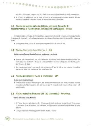 58 Ministério da Saúde . Secretaria de Vigilância em Saúde . Departamento de DST,Aids e Hepatites Virais
anti-HBs <10UI, repetir esquema com 0, 1, 2 e 6 meses, usando dose dobrada de HepB monovalente.
• Se a criança ou adolescente não foi ainda vacinado ou se tem esquema incompleto: a vacina deve ser
iniciada ou completar o esquema vacinal, de acordo com doses que faltarem.
3.3 Vacina adsorvida difteria, tétano, pertussis, hepatite B (
recombinante) e Haemophilus inﬂuenzae b (conjugada) - Penta
Vacina de toxóides puriﬁcados de difteria e tétano,organismos inativados de pertussis,particulas puriﬁcadas
de antígeno de Hepatite B e subunidades bacterianas de polissacarídeos capsulares de Haemophilus inﬂuenzae
b (Hib)
• Vacina pentavalente, utilizar de acordo com o esquema básico de rotina do PNI.
3.4 Vacina Haemophilus inﬂuenza b - Hib
Vacina com polissacarídeo da bactéria conjugado à proteína
• Pode ser aplicada combinada com a DTP e hepatite B (DTP/Hep B/ Hib: Pentavalente) ou isolada. Nas
crianças que não receberam a 4ª dose de pentavalente deve-se indicar uma quarta dose da Hib a partir
dos 12 meses de idade.
• Nas crianças maiores de 1 ano, quando não vacinadas no 1º ano de vida ou com esquema incompleto,
aplicar duas doses com intervalo de dois meses entre elas.
3.5 Vacina poliomielite 1, 2 e 3 (inativada) - VIP
Vacina com vírus inativado
• Deve-se utilizar a vacina inativada (VIP), três doses com intervalo de dois meses, iniciando aos dois
meses de idade. São necessários dois reforços: um aos 15 meses de idade e outro reforço entre 4 a 6
anos de idade.
3.6 Vacina rotavírus humano G1P1[8] (atenuada) - Rotavírus
Vacina com vírus vivo atenuado
• A 1ª dose deve ser aplicada entre 6 e 14 semanas de idade, podendo se estender até 15 semanas;
2ª dose entre 14 e 24 semanas, com tolerância até 32 semanas. Após esta idade não deve ser mais
aplicada.
• Crianças expostas e infectadas pelo HIV podem receber a vacina
 