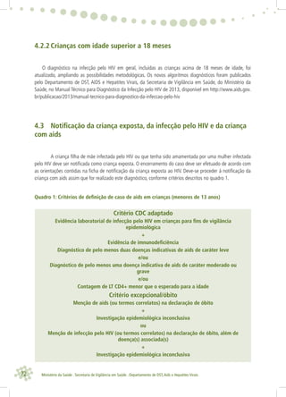72 Ministério da Saúde . Secretaria de Vigilância em Saúde . Departamento de DST,Aids e Hepatites Virais
4.2.2 Crianças com idade superior a 18 meses
O diagnóstico na infecção pelo HIV em geral, incluídas as crianças acima de 18 meses de idade, foi
atualizado, ampliando as possibilidades metodológicas. Os novos algoritmos diagnósticos foram publicados
pelo Departamento de DST, AIDS e Hepatites Virais, da Secretaria de Vigilância em Saúde, do Ministério da
Saúde, no Manual Técnico para Diagnóstico da Infecção pelo HIV de 2013, disponível em http://www.aids.gov.
br/publicacao/2013/manual-tecnico-para-diagnostico-da-infeccao-pelo-hiv
4.3 Notiﬁcação da criança exposta, da infecção pelo HIV e da criança
com aids
A criança ﬁlha de mãe infectada pelo HIV ou que tenha sido amamentada por uma mulher infectada
pelo HIV deve ser notiﬁcada como criança exposta. O encerramento do caso deve ser efetuado de acordo com
as orientações contidas na ﬁcha de notiﬁcação da criança exposta ao HIV. Deve-se proceder à notiﬁcação da
criança com aids assim que for realizado este diagnóstico, conforme critérios descritos no quadro 1.
Quadro 1: Critérios de deﬁnição de caso de aids em crianças (menores de 13 anos)
Critério CDC adaptado
Evidência laboratorial de infecção pelo HIV em crianças para ﬁns de vigilância
epidemiológica
+
Evidência de imnunodeﬁciência
Diagnóstico de pelo menos duas doenças indicativas de aids de caráter leve
e/ou
Diagnóstico de pelo menos uma doença indicativa de aids de caráter moderado ou
grave
e/ou
Contagem de LT CD4+ menor que o esperado para a idade
Critério excepcional/óbito
Menção de aids (ou termos correlatos) na declaração de óbito
+
Investigação epidemiológica inconclusiva
ou
Menção de infecção pelo HIV (ou termos correlatos) na declaração de óbito, além de
doença(s) associada(s)
+
Investigação epidemiológica inconclusiva
 