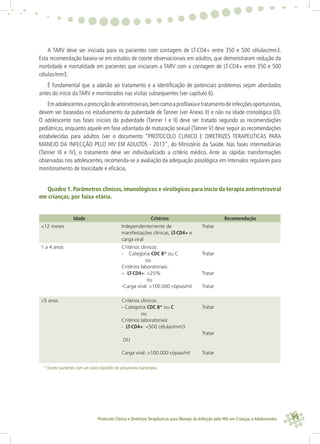 95Protocolo Clínico e Diretrizes Terapêuticas para Manejo da Infecção pelo HIV em Crianças e Adolescentes
A TARV deve ser iniciada para os pacientes com contagem de LT-CD4+ entre 350 e 500 células/mm3.
Esta recomendação baseia-se em estudos de coorte observacionais em adultos, que demonstraram redução da
morbidade e mortalidade em pacientes que iniciaram a TARV com a contagem de LT-CD4+ entre 350 e 500
células/mm3.
É fundamental que a adesão ao tratamento e a identiﬁcação de potenciais problemas sejam abordados
antes do início da TARV e monitorados nas visitas subsequentes (ver capítulo 6).
Emadolescentesaprescriçãodeantirretrovirais,bemcomoaproﬁlaxiaetratamentodeinfecçõesoportunistas,
devem ser baseadas no estadiamento da puberdade de Tanner (ver Anexo II) e não na idade cronológica (D).
O adolescente nas fases iniciais da puberdade (Tanner I e II) deve ser tratado segundo as recomendações
pediátricas, enquanto aquele em fase adiantada de maturação sexual (Tanner V) deve seguir as recomendações
estabelecidas para adultos (ver o documento “PROTOCOLO CLINICO E DIRETRIZES TERAPEUTICAS PARA
MANEJO DA INFECÇÃO PELO HIV EM ADULTOS - 2013”, do Ministério da Saúde. Nas fases intermediárias
(Tanner III e IV), o tratamento deve ser individualizado a critério médico. Ante as rápidas transformações
observadas nos adolescentes, recomenda-se a avaliação da adequação posológica em intervalos regulares para
monitoramento de toxicidade e eﬁcácia.
Quadro 1. Parâmetros clínicos, imunológicos e virológicos para início da terapia antirretroviral
em crianças, por faixa etária.
Idade Critérios Recomendação
<12 meses Independentemente de
manifestações clínicas, LT-CD4+ e
carga viral
Tratar
1 a 4 anos Critérios clínicos:
- Categoria CDC B* ou C
ou
Critérios laboratoriais:
− LT-CD4+: <25%
ou
-Carga viral: >100.000 cópias/ml
Tratar
Tratar
Tratar
≥5 anos Critérios clínicos:
- Categoria CDC B* ou C
ou
Critérios laboratoriais:
- LT-CD4+: <500 células/mm3
OU
Carga viral: >100.000 cópias/ml
Tratar
Tratar
Tratar
* Exceto pacientes com um único episódio de pneumonia bacteriana
 