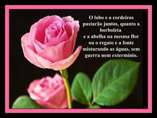 O lobo e o cordeiros
pastarão juntos, quanto a
        borboleta
e a abelha na mesma flor
   ou o regato e a fonte
misturando as águas, sem
 guerra nem extermínio.
 
