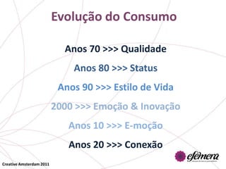 Evolução do Consumo

                            Anos 70 >>> Qualidade
                              Anos 80 >>> Status
                           Anos 90 >>> Estilo de Vida
                          2000 >>> Emoção & Inovação
                             Anos 10 >>> E-moção
                             Anos 20 >>> Conexão
Creative Amsterdam 2011
 