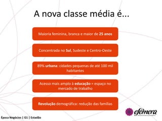 A nova classe média é...
                           Maioria feminina, branca e maior de 25 anos



                           Concentrada no Sul, Sudeste e Centro-Oeste


                          89% urbana: cidades pequenas de até 100 mil
                                          habitantes


                           Acesso mais amplo à educação = espaço no
                                     mercado de trabalho


                          Revolução demográfica: redução das famílias


Época Negócios | G1 | Estadão
 