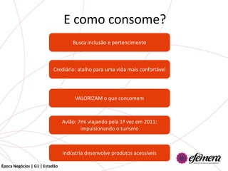 E como consome?
                                    Busca inclusão e pertencimento



                          Crediário: atalho para uma vida mais confortável




                                     VALORIZAM o que consomem



                                Avião: 7mi viajando pela 1ª vez em 2011:
                                        impulsionando o turismo



                                Indústria desenvolve produtos acessíveis

Época Negócios | G1 | Estadão
 