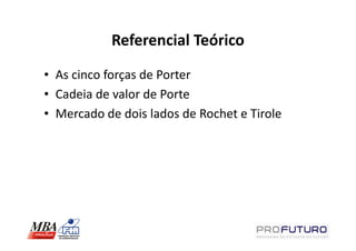 Referencial Teórico
• As cinco forças de Porter
• Cadeia de valor de Porte
• Mercado de dois lados de Rochet e Tirole
 