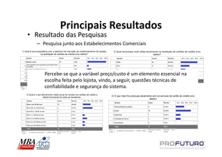 Principais Resultados
• Resultado das Pesquisas
  – Pesquisa junto aos Estabelecimentos Comerciais




     Percebe-se que a variável preço/custo é um elemento essencial na
     escolha feita pelo lojista, vindo, a seguir, questões técnicas de
     confiabilidade e segurança do sistema.
 