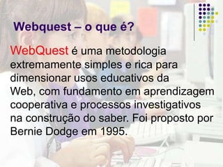 WebQuest -  a introduçãoA Introdução é um texto curto que prepara o palco para a acção que se espera dos alunos. O conceito orientador dessa componente é motivação. Por essa razão, o texto introdutório deve ser uma peça de comunicação que busque relacionar prováveis interesses dos alunos com o tema de estudo.