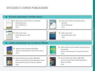 ESTUDOS E LIVROS PUBLICADOS 
ESTUDOS ASSOCIADOS À GESTÃO PÚBLICA 
DESEMPENHO DA GESTÃO PÚBLICA DAS MAIORES 
CIDADES BRASILEIRAS 
AUTOR: MACROPLAN 
2013 
ROYALTIES DO PETRÓLEO E DESENVOLVIMENTO 
MUNICIPAL 
AUTOR: MACROPLAN 
2012 
O RIO TEM FUTURO? 
AUTOR: MACROPLAN E IETS 
2011 
O RIO TEM FUTURO? 
AUTOR: MACROPLAN E IETS 
2006 
LIVROS ASSOCIADOS AO FUTURO DO BRASIL 
PROPOSTAS PARA O GOVERNO 2015/2018 
AUTORES: FÁBIO GIAMBIAGI E CLAUDIO PORTO (ORG.) 
2013 
2022: PROPOSTAS PARA UM BRASIL MELHOR NO ANO DO 
BICENTENÁRIO 
AUTORES: FÁBIO GIAMBIAGI E CLAUDIO PORTO (ORG.) 
2011 
QUATRO CENÁRIOS PARA O BRASIL 2005-2007 
AUTORES: CLAUDIO PORTO, ELIMAR NASCIMENTO, ENÉAS 
AGUIAR, RODRIGO VENTURA E SÉRGIO C. BUARQUE 
2005 
CINCO CENÁRIOS PARA O BRASIL 2001-2003 
AUTORES: CLAUDIO PORTO, ELIMAR NASCIMENTO E 
SÉRGIO C. BUARQUE 
2001 
Desafi os da Gestão Estadual .4 
 