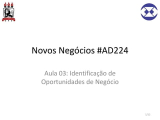Novos Negócios #AD224
Aula 03: Identificação de
Oportunidades de Negócio
1/12
 