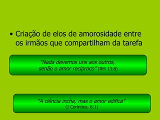 Criação de elos de amorosidade entre os irmãos que compartilham da tarefa “ Nada devemos uns aos outros,  senão o amor recíproco”   (RM 13:8) "A ciência incha, mas o amor edifica"  (I Coríntios, 8:1) 