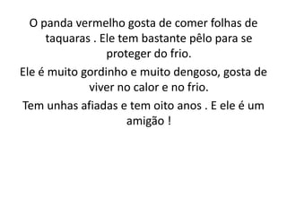 O panda vermelho gosta de comer folhas de taquaras . Ele tem bastante pêlo para se proteger do frio.Ele é muito gordinho e muito dengoso, gosta de viver no calor e no frio.Tem unhas afiadas e tem oito anos . E ele é um amigão !