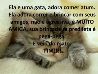 Ela e uma gata, adora comer atum.Ela adora correr e brincar com seus amigos, não é agressiva, é MUITO AMIGA, sua brincadeira predileta é pega-pega. E veio do mato. FIM!!!!