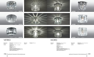 декоративные встраиваемые декоративные встраиваемые198 199
хром h 80 мм369802
хром h 90 мм369809
хром h 80 мм369808
Артикул:
369802
NORD
Материал: металл/стекло
Напряжение: 220 В
IP 20
Цоколь: G9
Мощность: 40 Вт
Размер: □ 55 мм
Высота встраиваемой части: 25 мм
Диаметр врезного отверстия: 45 мм
Мини мастер-картон: 20
Артикулы:
369808
369809
Материал: металл/хрусталь
Размер: Ø 80 мм
VETRO
Артикулы:
369602
369604
Артикул:
369603
Размер: Ø 90 ммМатериал: нержавеющая сталь/
хрусталь
Напряжение: 220 В; IP 20
Цоколь: G9
Мощность: 40 Вт
Размер: Ø 80 мм
Высота встраиваемой части: 25 мм
Диаметр врезного отверстия: 60 мм
Мини мастер-картон: 12
h 65 мм хром 369603
h 75 мм хром 369604
h 75 мм хром 369602
 