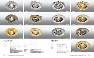 стандартные встраиваемые стандартные встраиваемые244 245
хром/золото369819серебро/хром 369821
HENNA
Артикулы:
369688
369689
369690
369640
369642
серебро/золото369688серебро/никель 369689
Светильники поворотные:
угол поворота 45°
Материал: алюминиевое литье
Напряжение: 12 В; IP 20
Цоколь: GX5.3
Мощность: 50 Вт
Размер: Ø 92 мм
Высота встраиваемой части: 20 мм
Диаметр врезного отверстия: 82 мм
Мини мастер-картон: 20
369640 бронзахром 369642
369690 никель/золото
Артикулы:
369822
369823
369824
FLOWER
Светильники поворотные:
угол поворота 45°
Материал: алюминиевое литье/хрусталь
Напряжение: 12 В; IP 20
Цоколь: GX5.3
Мощность: 50 Вт
Размер: Ø 100 мм
Высота встраиваемой части: 20 мм
Диаметр врезного отверстия: 78 мм
Мини мастер-картон: 20
хром 369822
золото 369823
бронза 369824
Артикулы:
369825
369826
369827
Размер: 103*103 мм
серебро/золото369825
бронза369827
серебро/хром369826
Артикулы:
369819
369821
Материал: алюминиевое литье
Размер: Ø 102 мм
Высота встраиваемой части: 55 мм
Диаметр врезного отверстия: 80 мм
 