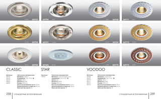стандартные встраиваемые стандартные встраиваемые258 259
Артикулы:
369768
369769
369770
369771
369772
369773
VOODOO
Светильники неповоротные
Материал: алюминий
Напряжение: 12 В; IP 20
Цоколь: GX5.3
Мощность: 50 Вт
Размер: Ø 95 мм
Высота встраиваемой части: 18 мм
Диаметр врезного отверстия: 65 мм
Мини мастер-картон: 30
золото369772
кофе369773
хром369771
золото 369769
кофе 369770
хром 369768
Артикулы:
369703
369704
369705
369706
369707
CLASSIC
Светильники неповоротные
Материал: металл
Напряжение: 12 В; IP 20
Цоколь: GX5.3
Мощность: 50 Вт
Размер: Ø 82 мм
Высота встраиваемой части: 30 мм
Диаметр врезного отверстия: 60 мм
Мини мастер-картон: 20
никель369707
хром369706
золото 369704
никель 369703
белый 369705
Артикулы:
369343
STAR
Светильник неповоротный
Материал: алюминиевое литье
Напряжение: 12 В; IP 20
Цоколь: G4
Мощность: 20 Вт
Размер: Ø 35 мм
Высота встраиваемой части: 35 мм
Диаметр врезного отверстия: 28 мм
Мини мастер-картон: 20
белый369343
 