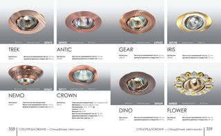 СПЕЦПРЕДЛОЖЕНИЕ ― стандартные светильники СПЕЦПРЕДЛОЖЕНИЕ ― стандартные светильники358 359
Ø 92 мм красная латунь 639632
Артикулы:
369632
GEAR
Высота встраиваемой части: 20 мм
Диаметр врезного отверстия: 80 мм
DINO
Ø 90 мм красная латунь 369624
Артикулы:
369624
Высота встраиваемой части: 20 мм
Диаметр врезного отверстия: 82 мм
Артикулы:
369198
IRIS
Высота встраиваемой части: 25 мм
Диаметр врезного отверстия: 76 мм
золото/никель Ø 80 мм369198
Артикулы:
369820
Высота встраиваемой части: 55 мм
Диаметр врезного отверстия: 80 мм
серебро/золото Ø 102 мм369820
FLOWER
TREK
Ø 90 мм красная латунь 369610
Артикулы:
369610
Высота встраиваемой части: 20 мм
Диаметр врезного отверстия: 82 мм
ANTIC
красная латунь Ø 93 мм369430
Артикулы:
369430
Высота встраиваемой части: 25 мм
Диаметр врезного отверстия: 75мм
Артикулы:
369667
NEMO
Светильник неповоротный
Высота встраиваемой части: 15 мм
Диаметр врезного отверстия: 80 мм
Ø 110 мм красная латунь 369667
Артикулы:
369171
CROWN
Светильники поворотные: угол поворота 45°
Материал: алюминиевое литье
Напряжение: 12 В IP 20
Цоколь: GX5.3
Мощность: 50 Вт
Высота встраиваемой части: 25 мм
Диаметр врезного отверстия: 75 мм
Мини мастер-картон: 20
красная латунь Ø 82 мм369171
 