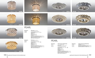 декоративные встраиваемые декоративные встраиваемые180 181
золото 370142
бронза370140
золото370139
PEARL
Артикулы:
370138
370139
370140
Светильники не поворотные
Размер: Ø 103 мм
Высота встраиваемой части: 18 мм
Диаметр врезного отверстия: 65 мм
Артикулы:
370141
370142
370143
Светильники поворотные:
угол поворота 30°
Материал: сплав цинка/
искусственный жемчуг
Напряжение: 12 В IP 20
Цоколь: GX5.3
Мощность: 50 Вт
Размер: Ø 115 мм
Высота встраиваемой части: 16 мм
Диаметр врезного отверстия: 75 мм
Мини мастер-картон: 20
хром 370141 хром370138
бронза 370143
Артикулы:
369888
369890
PEARL
Материал: металл/
искусственный жемчуг
Напряжение: 220 В IP 20
Цоколь: G9
Мощность: 40 Вт
Размер: Ø 75 мм
Высота встраиваемой части: 20 мм
Диаметр врезного отверстия: 60 мм
Мини мастер-картон: 30
h 80 мм золото 369890
золото 369891
Артикулы:
369889
369891
Материал: металл/
искусственный жемчуг
Напряжение: 12 В IP 20
Цоколь: GХ5.3
Мощность: 50 Вт
Размер: Ø 85 мм
Высота встраиваемой части: 25 мм
Диаметр врезного отверстия: 60 мм
Мини мастер-картон: 50
хром 369889
h 80 мм хром 369888
 