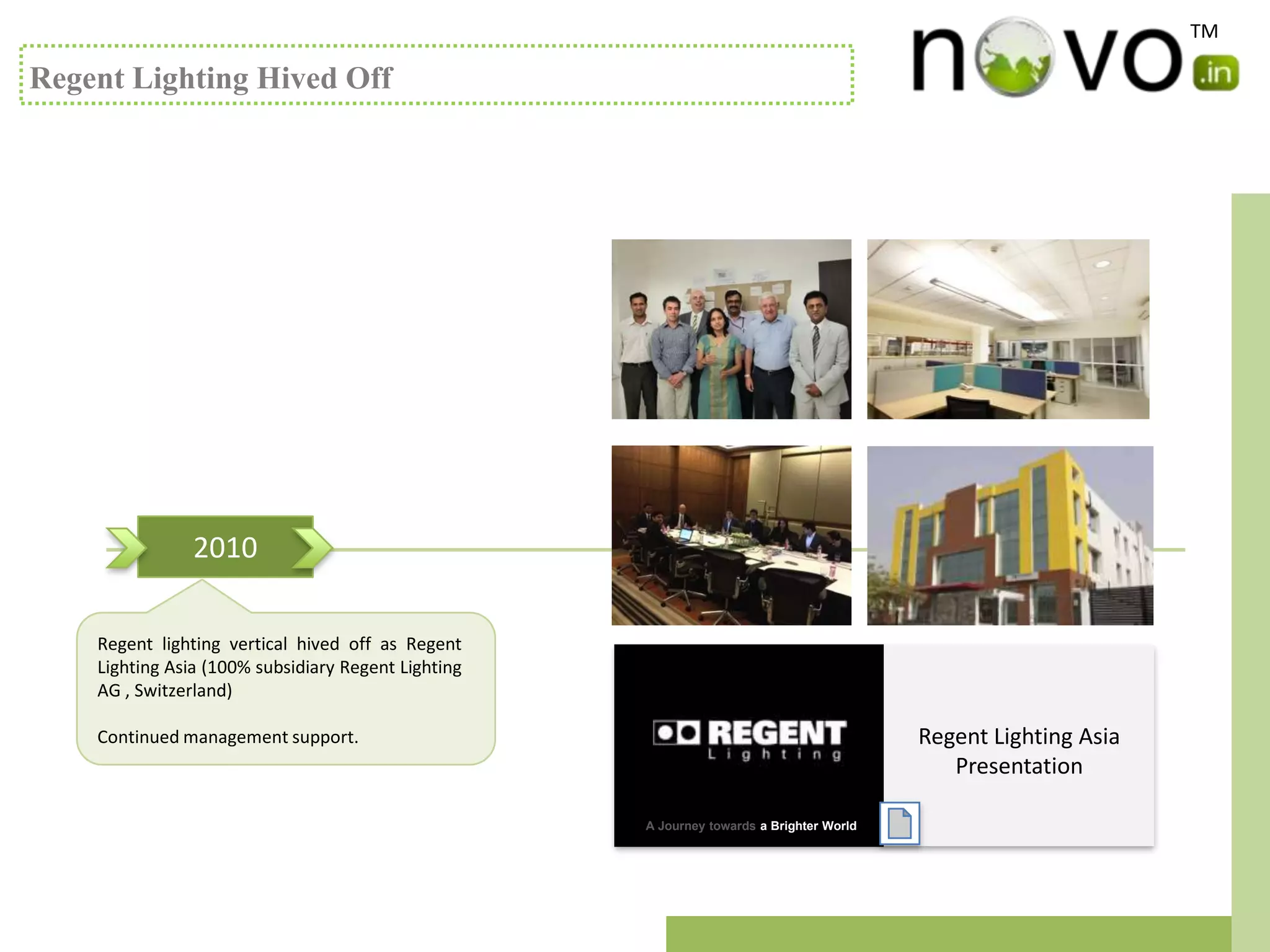 TM

Regent Lighting Hived Off




                2010

    Regent lighting vertical hived off as Regent
    Lighting Asia (100% subsidiary Regent Lighting
    AG , Switzerland)

    Continued management support.                                                         Regent Lighting Asia
                                                                                             Presentation

                                                     A Journey towards a Brighter World
 