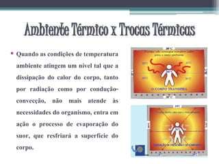 Ambiente Térmico x Trocas Térmicas
• Quando as condições de temperatura
ambiente atingem um nível tal que a
dissipação do calor do corpo, tanto
por radiação como por condução-
convecção, não mais atende às
necessidades do organismo, entra em
ação o processo de evaporação do
suor, que resfriará a superfície do
corpo.
 