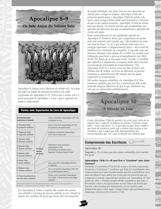 169
Apocalipse 8–9
Os Sete Anjos do Sétimo Selo
Apocalipse 8 começa com a abertura do sétimo selo. As coisas
que João viu depois da abertura do sétimo selo estão
registradas em Apocalipse 8–22. Parece que o sétimo selo é o
ponto principal de Apocalipse, e é isso o que o seguinte nos
ajuda a compreender.
Em Apocalipse 8, lemos a respeito das orações dos santos,
cujo símbolo é a fumaça do incenso subindo ao céu. Devido às
orações dos membros da Igreja que foram fiéis em momentos
de muita tribulação, seis anjos (um por vez) desceram ao
mundo para castigar os iníquos. Apocalipse 8 fala dos
primeiros quatro anjos e Apocalipse 9 fala do quinto e do
sexto, cujos castigos foram ainda mais dramáticos e intensos
do que os dos quatro primeiros. Apocalipse 10 fala do sétimo
anjo que desceu. Os acontecimentos que acompanham sua
aparição são diferentes dos que acompanharam a aparição dos
outros seis anjos.
Duas coisas parecem ter um significado especial em
Apocalipse 9. Primeiro, lemos que o julgamento do quinto
anjo caiu somente sobre aqueles que “não [tinham] na testa
um sinal de Deus” (v. 4), o que salienta mais uma vez a
proteção espiritual—e freqüentemente física— decorrente da
obediência às orientações do evangelho. A segunda coisa que
devemos observar é que, apesar de o Senhor ter enviado essas
tribulações para levar o povo ao arrependimento (ver D&C
43:20–25) depois de os seis anjos terem “tocado” a trombeta
que simboliza o julgamento, os iníquos ainda não se haviam
convencido da necessidade de arrependimento. (Ver
Apocalipse 9:20–21.) Assim como nos dias de Noé e nos
últimos dias do nefitas no Livro de Mórmon, as pessoas
tornaram-se aparentemente tão iníquas que era quase
impossível se arrependerem.
Há muitas imagens simbólicas em Apocalipse 8–9. Nos
primeiros capítulos que você leu, é possível que João tenha
utilizado imagens diferentes do que as que realmente viu,
mas que as representem simbolicamente.
Apocalipse 10
A Missão de João
Como Apocalipse 9 fala do quinto e do sexto anjo, seria de se
esperar que o capítulo 10 falasse do sétimo. Contudo, lemos
sobre “outro anjo forte” (v. 1) que desceu para dizer a João o
que teria de acontecer antes que o sétimo anjo tocasse a sua
trombeta e que o papel que João desempenharia nos
acontecimentos que viu e que se dariam nos últimos dias.
Compreensão das Escrituras
Apocalipse 10
Apocalipse 10:8–11—O que Era o “Livrinho” que João
Comeu?
Doutrina e Convênios 77:14 revela o que o livrinho representa.
Doutrina e Convênios 7 confirma que João foi transladado. Seu
corpo passou por uma transformação que lhe possibilitou viver
sem envelhecer nem sentir dor. Com isso foi possível que ele
cumprisse a missão especial que recebeu em Apocalipse 10. Em
junho de 1831, o Profeta Joseph Smith “profetizou que João, o
Revelador, estava, na época entre as Dez Tribos de Israel que
haviam sido levadas por Salmaneser, rei da Assíria, para
prepará-las para voltar após o longo tempo que permaneceram
dispersas. (History of the Church, 1:176)
Segredo (v. 7)—Coisas que não sejam conhecidas pelo mundo
em geral
Pontos mais Importantes do Livro de Apocalipse
O Primeiro Selo
O primeiro milênio
O Segundo Selo
O segundo milênio
O Terceiro Selo
O terceiro milênio
O Quarto Selo
O quarto milênio
O Quinto Selo
O quinto milênio
O Sexto Selo
O sexto milênio
O Sétimo Selo
O sétimo milênio
A Terra transforma-se
em um reino celestial
O nasci-
mento
de Jesus
Adaptado de Gerald N. Lund, “The Book of Revelation—Three Keys for Making It a Book of
Revelation”, A Symposium on the New Testament. 1980. p. 120.
Cinco versículos (Apocalipse 12:7–12).
A batalha no céu
Onze versículos (Apocalipse 6:1–11)
Do primeiro ao quinto selo
Quatorze versículos (Apocalipse
6:12--7:8). O sexto selo
Duzentos e onze versículo
(Apocalipse 8–19)
Da abertura do sétimo selo à
Segunda Vinda de Jesus Cristo
Seis versículos (Apocalipse 20:1–6)
O Milênio
Nove versículos (Apocalipse 20:7–15)
Os acontecimentos finais
Trinta e três versículos (Apocalipse
21:1–22:6). A Terra torna-se um lugar
celestial
Acontecimentos
Anteriores à Queda
 