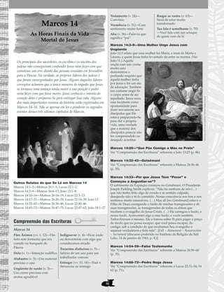 50
Marcos 14
As Horas Finais da Vida
Mortal de Jesus
Os principais dos sacerdotes, os escribas e os anciões dos
judeus não conseguiram confundir Jesus nem fazer com que
cometesse um erro diante das pessoas reunidas em Jerusalém
para a Páscoa. Na verdade, os próprios líderes dos judeus é
que foram envergonhados por Jesus. Alguns daqueles líderes
corruptos acharam que a única maneira de impedir que Jesus
se tornasse uma ameaça ainda maior a sua posição e poder
seria fazer com que fosse morto. Jesus conhecia o intento do
coração deles e preparou-Se para entregar Sua vida. Alguns
dos mais importantes eventos da história estão registrados em
Marcos 14–16. Não se apresse em ler e ponderar os sagrados
eventos desses três últimos capítulos de Marcos.
Outros Relatos do que Se Lê em Marcos 14
Marcos 14:1–2—Mateus 26:1–5; Lucas 22:1–2
Marcos 14:3–9—Mateus 26:6–13; João 12:1–8
Marcos 14:10–16—Mateus 26:14–19; Lucas 22:3–13
Marcos 14:17–31—Mateus 26:20–35; Lucas 22:14–39; João 13
Marcos 14:32–42—Mateus 26:36–46; Lucas 22:40–46
Marcos 14:43–72—Mateus 26:47–75; Lucas 22:47–62; João 18:1–27
Compreensão das Escrituras
Marcos 14
Marcos 14:3–9—Uma Mulher Unge Jesus com
Ungüento
João 12:3 relata que essa mulher foi Maria, a irmã de Marta e
Lázaro, a quem Jesus tinha levantado de entre os mortos. (Ver
João 11.) Aquela
unção com um creme
muito caro
demonstrou o
profundo respeito que
aquela mulher tinha
por Jesus e foi um ato
de adoração. Também
era costume ungir-Se
o corpo antes de ser
sepultado. Jesus usou
esse incidente como
oportunidade para
dizer novamente aos
discípulos que Ele
estava preparando-Se
para dar a própria
vida, uma verdade
que a maioria dos
discípulos parecia não
ter compreendido ou
desejado acreditar.
Marcos 14:20—“Que Põe Comigo a Mão no Prato”
Ver “Compreensão das Escrituras” referente a João 13:25 (p. 86).
Marcos 14:32–42—Getsêmani
Ver “Compreensão das Escrituras” referente a Mateus 26:36–46
(p. 35).
Marcos 14:33—Por que Jesus Teve “Pavor” e
Começou a Angustiar-se”?
O sofrimento da Expiação começou no Getsêmani. O Presidente
Joseph Fielding Smith explicou: “Não há nenhum de nós (…)
que não tenha feito algo de errado e se sentido culpado,
desejando não o tê-lo cometido. Nossa consciência nos fere e nos
sentimos muito miseráveis. (…) Mas ali [no Getsêmani] estava o
Filho de Deus carregando o fardo de minhas transgressões e de
suas transgressões, as transgressões de todas as almas que
recebem o evangelho de Jesus Cristo. (…) Ele carregou o fardo, o
nosso fardo. Acrescentei algo a esse fardo; e vocês também.
Todos fizeram o mesmo. Ele o tomou sobre Si para pagar o preço
de modo que eu possa escapar, que você possa escapar, do
castigo, sob a condição de que recebamos Seu evangelho e
sejamos verdadeiros e fiéis nele”. [Fall – Atonement – Resurrection
– Sacrament (discurso proferido no Instituto de Religião de Salt
Lake, 14 de janeiro de 1961, p. 8.)]
Marcos 14:54–59—Falso Testemunho
Ver “Compreensão das Escrituras” referente a Mateus 26:59–60
(p. 35).
Marcos 14:66–72—Pedro Nega Jesus
Ver “Compreensão das Escrituras” referente a Lucas 22:31–34, 54
62 (p. 71).
Testamento (v. 24)—
Convênio
Veemência (v. 31)—Com
sentimento muito forte
Aba (v. 36)—Palavra que
significa “pai”
Rasgar as vestes (v. 63)—
Sinal de estar muito
transtornado
Tua fala é semelhante (v. 70)
—Você fala com um sotaque
de quem vem de lá
Pães Ázimos (vv. 1, 12)—Pão
feito sem fermento que era
comido no banquete de
Páscoa
Dolo (v. 1)—Intenção maléfica
Alabastro (v. 3)—Um material
precioso e caro
Ungüento de nardo (v. 3)—
Um creme precioso com
aroma agradável
Indignar-se (v. 4)—Ficar irado
ou descontente com algo que
consideramos errado
Trezentos dinheiros (v. 5)—
Salário de um ano para um
trabalhador comum
Entregar (vv. 10, 18)—Trair e
denunciar ao inimigo
MariaUngeosPésdeCristo,deRobertT.Barrett,©RobertT.Barrett
 